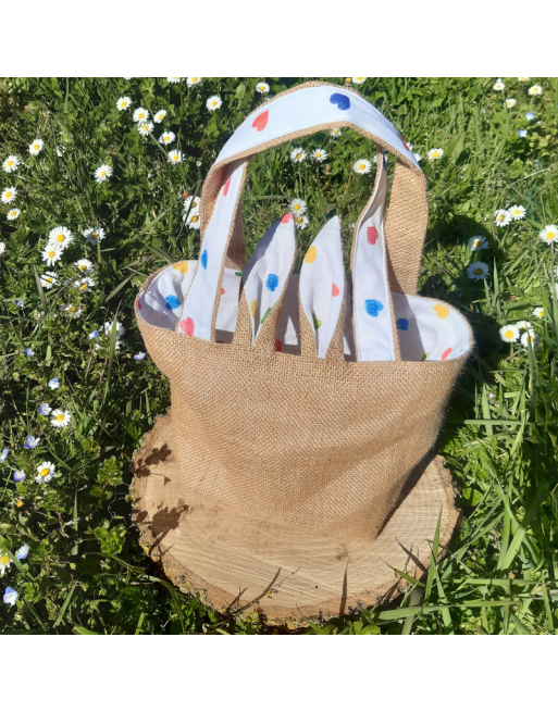 Panier de Pâques artisanal en jute avec doublure coton cœurs multicolores — Un Brin de Nelly