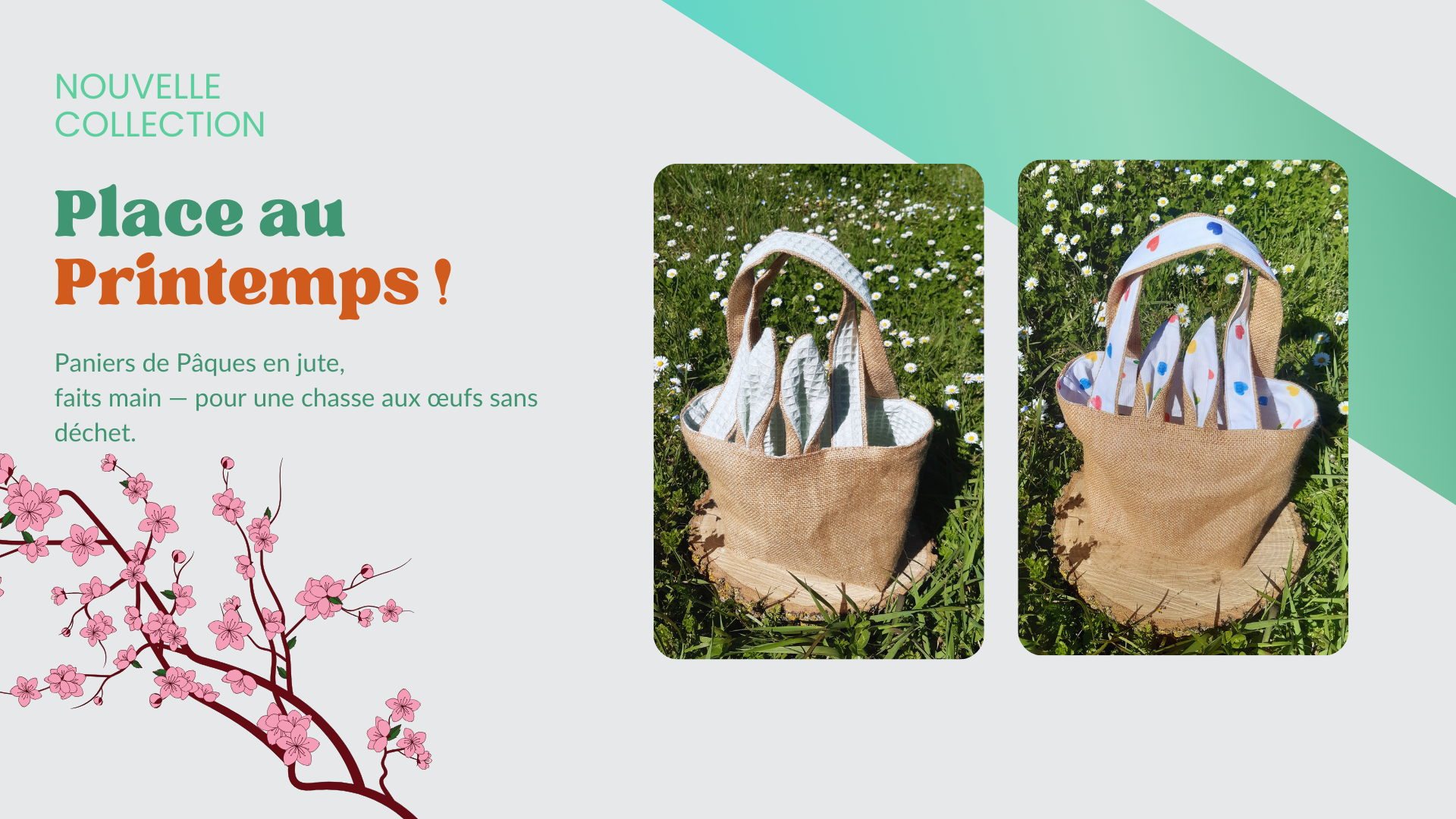 Paniers de Pâques en toile de jute faits main en France — Collection printemps Un Brin de Nelly